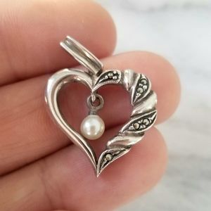Sterling Heart With Pearl Center and Marcasite Silver Pendant VALENTINES Gift